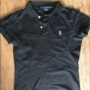 Black polo shirt with purple logo